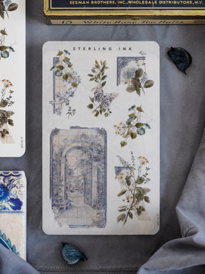 Elegant sticker sheet featuring muted botanical clusters and a large, faded blue architectural arch, evoking a vintage, historic journal aesthetic.