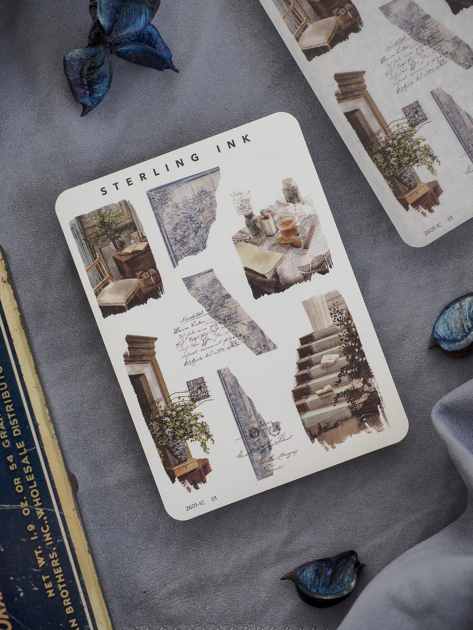 Vintage "Sterling Ink" mini element sticker sheet featuring sepia-toned architectural icons like doorways, windows, and stairs.
