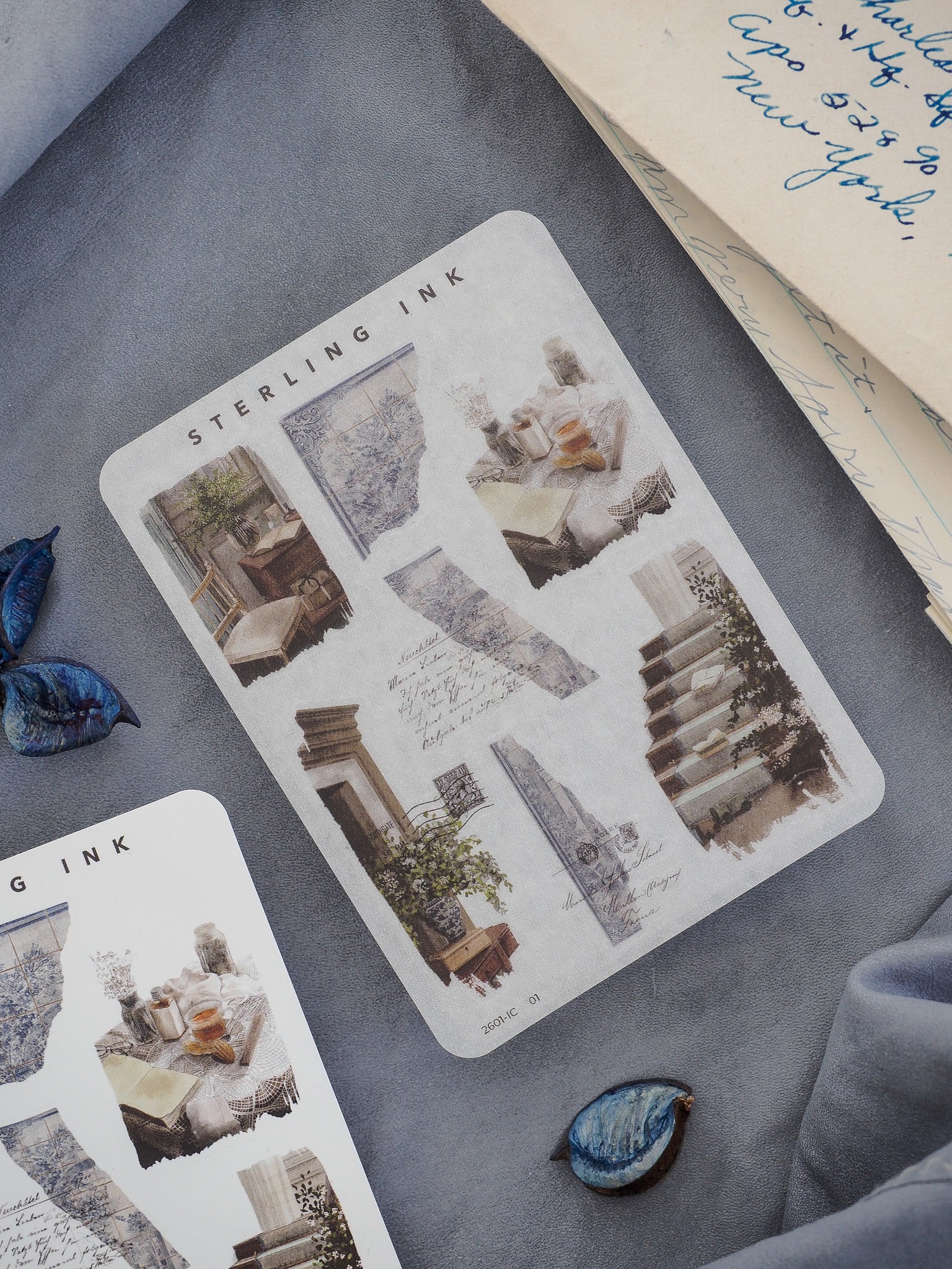 Mini sticker collection featuring sepia-toned, vintage architectural icons, including distressed pillars, moldings, and rustic sketch window designs.