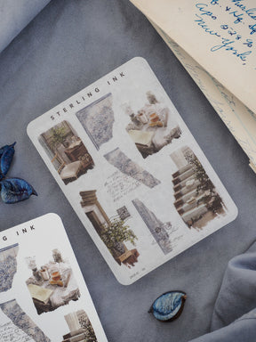 Mini sticker collection featuring sepia-toned, vintage architectural icons, including distressed pillars, moldings, and rustic sketch window designs.