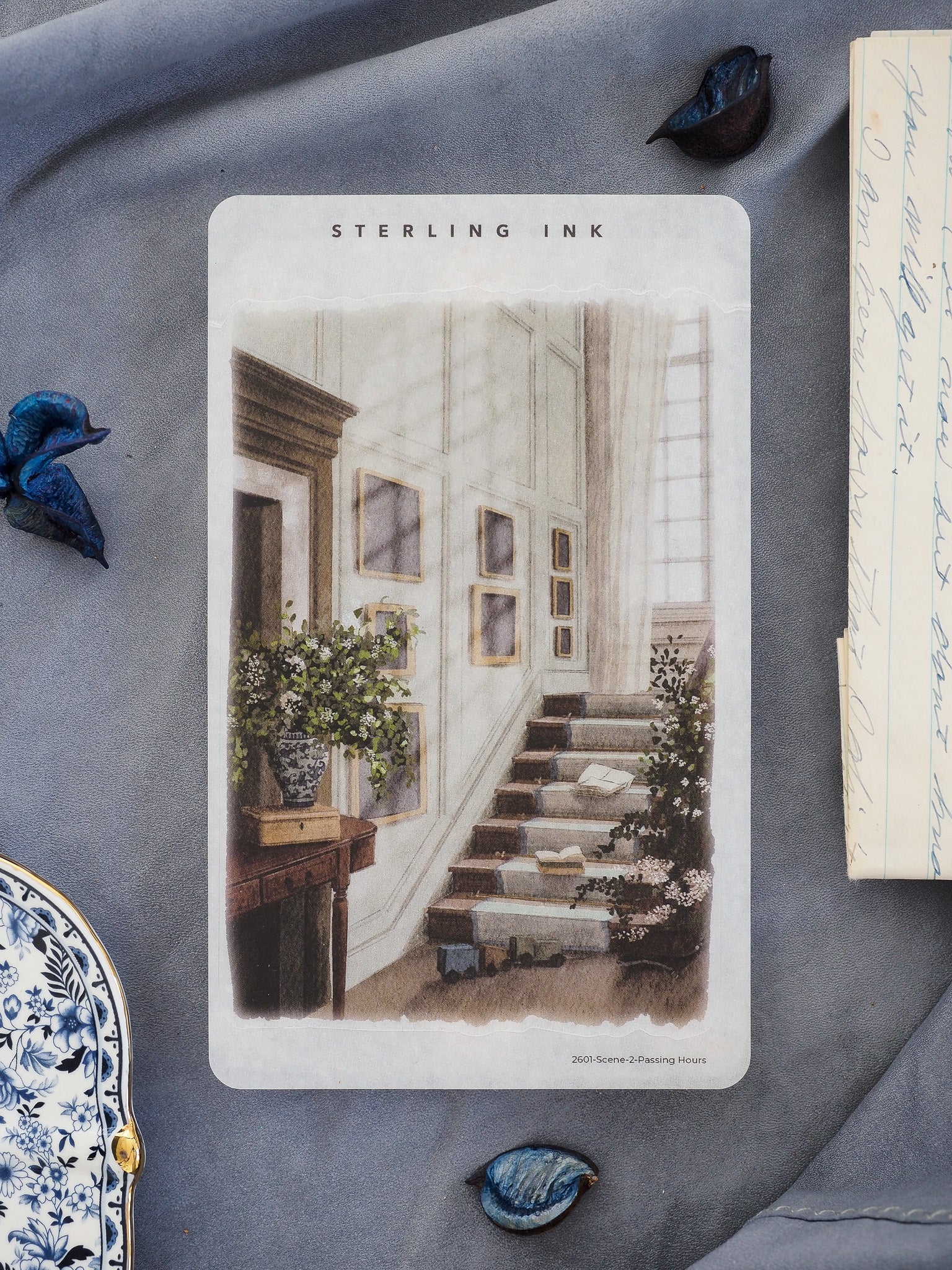 Vintage watercolor sticker depicting a serene, light-filled interior scene with a grand staircase, elegant woodwork, and thriving potted plants.