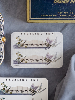 Beautiful January month sticker with elegant cursive writing, framed by soft watercolor clusters of purple and sage greenery.