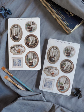 A set of antique-themed picture frame stickers featuring ornate borders and vintage illustrations of detailed interior scenes, perfect for journaling and scrapbooking.