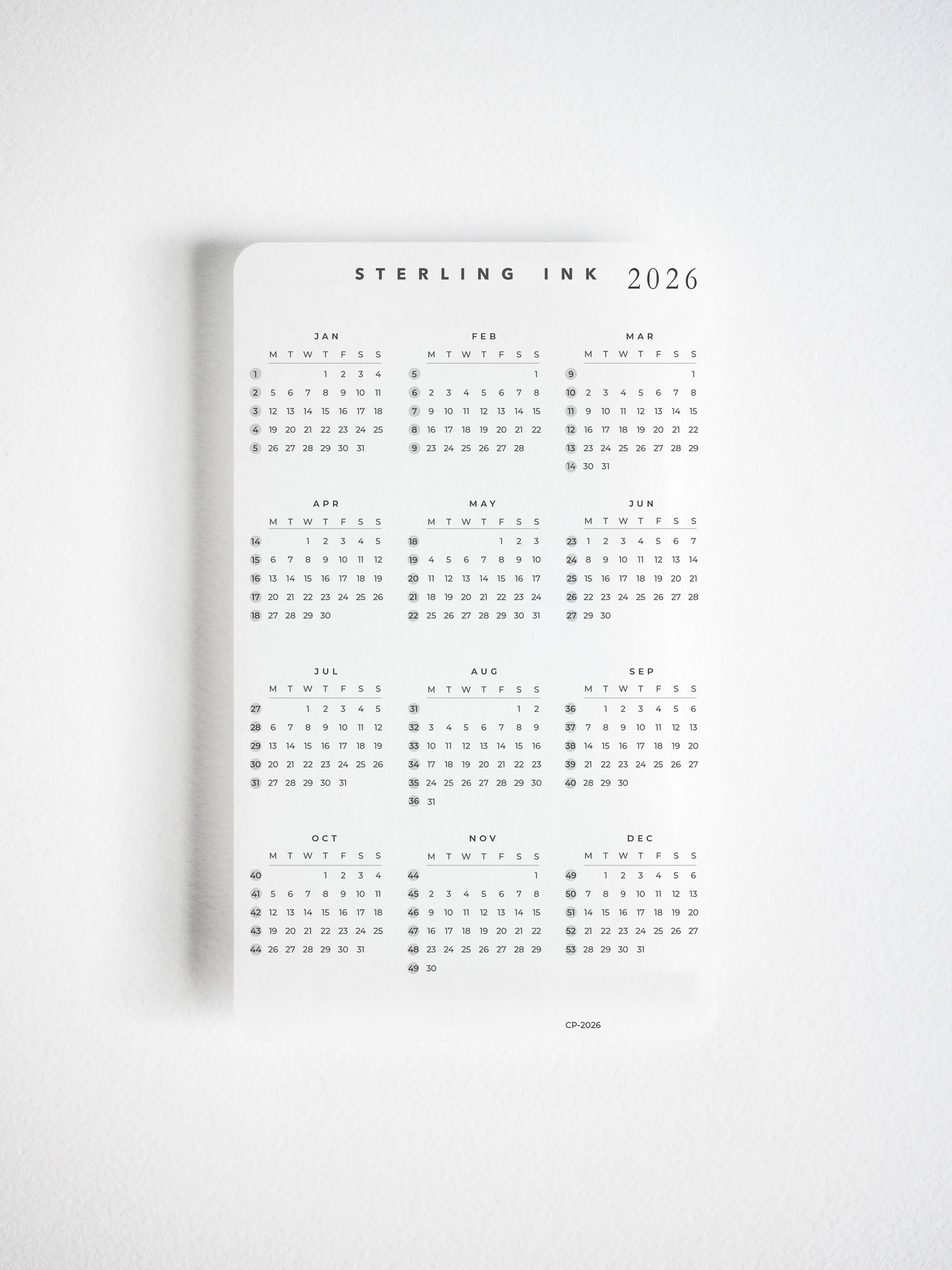 Monochromatic square stickers for the 2026 calendar year, featuring a highly organized, month-by-month grid layout suitable for detailed planning and journaling.
