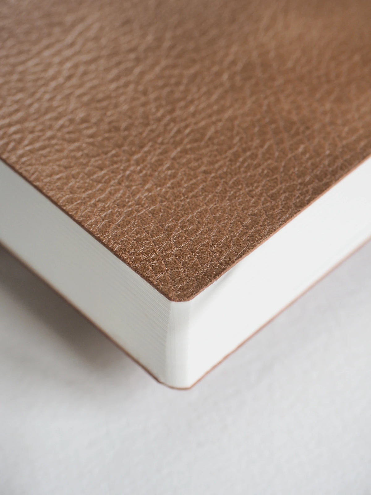 Close-up of a notebook or book corner showing a brown textured cover and white page edges on a light background.
#Color_Caramel