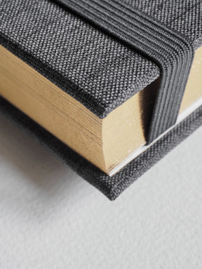 Stack of matching B6 hardcover diaries with textured charcoal gray woven fabric covers, designed for comprehensive five-year planning.