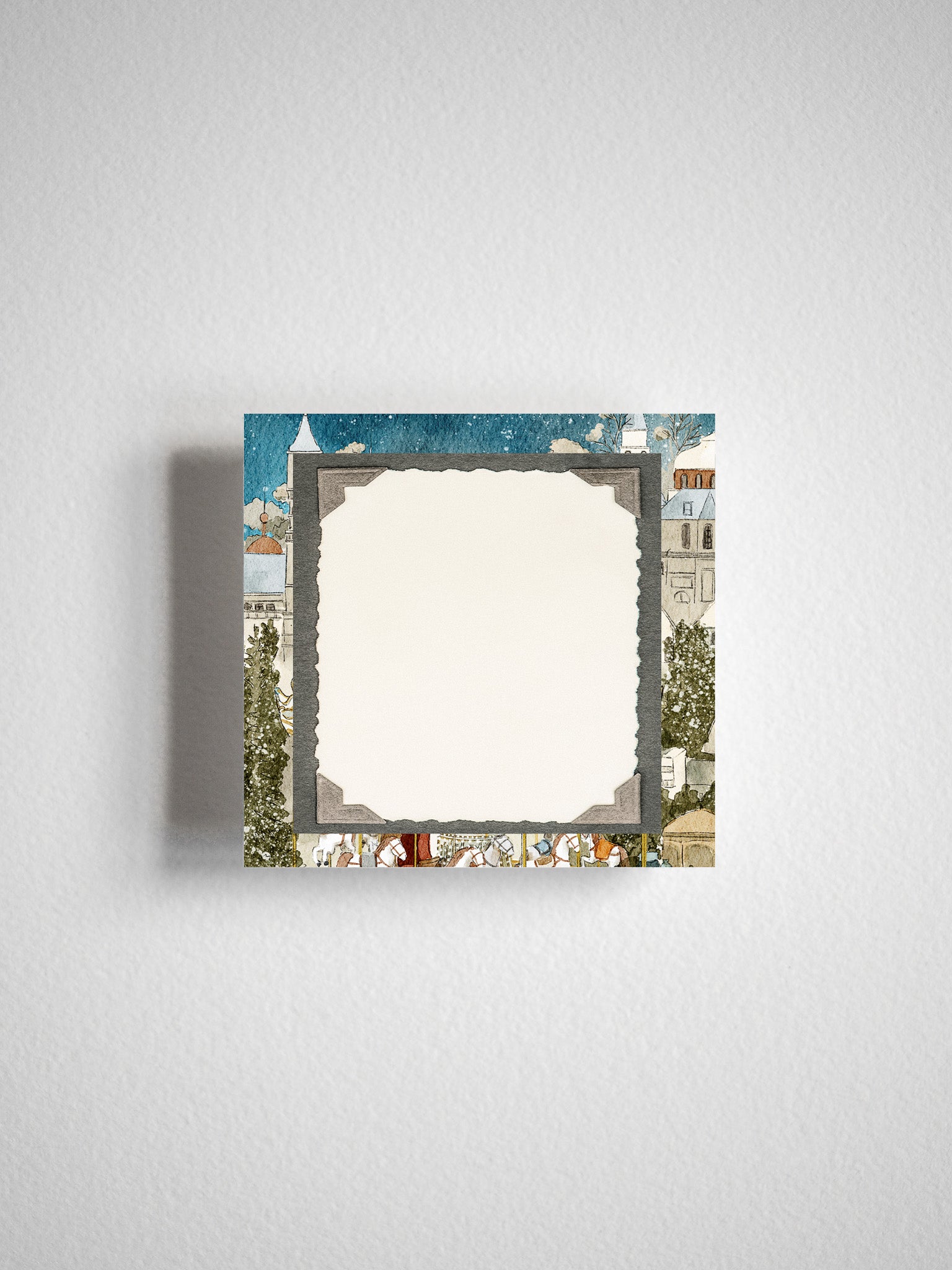 Decorative "Winter - December 2025" sticky note with a framed border featuring a charming, muted watercolor illustration of a European winter streetscape.