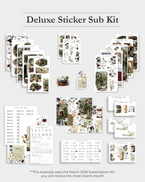 Collection of deluxe sticker sheets featuring diverse botanical elements, including lush floral patterns, earthy greenery, and rustic, seasonal nature designs.
