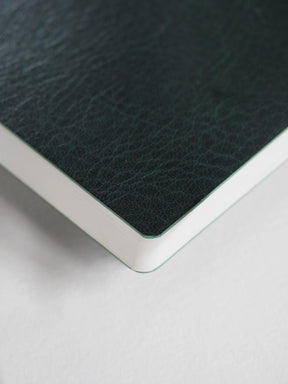 Close-up of a dark green leather-bound book corner on a light gray background
#Color_Forest