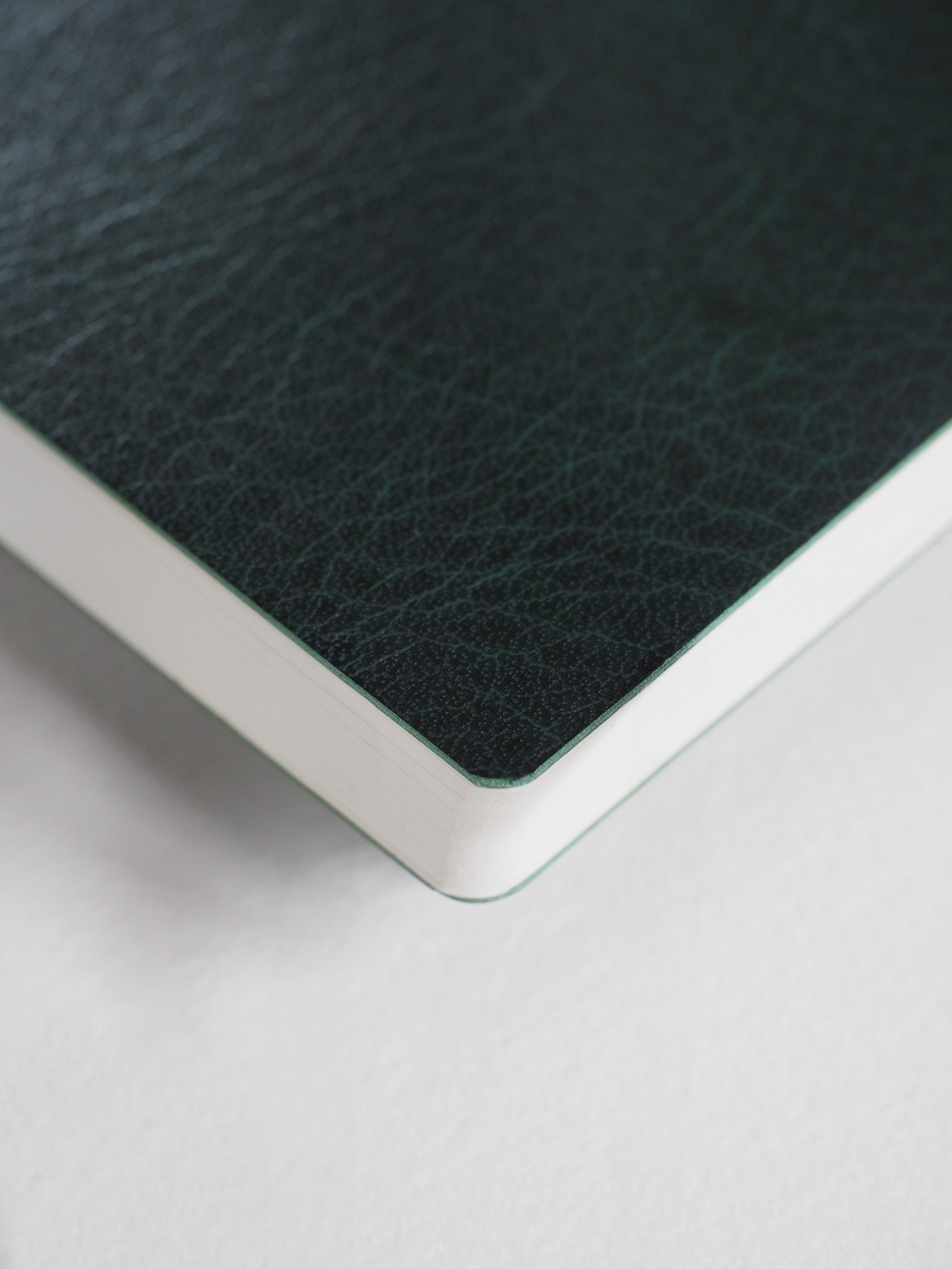 Deep forest green, compact planner with a textured faux leather cover and a bright white visible spine edge.