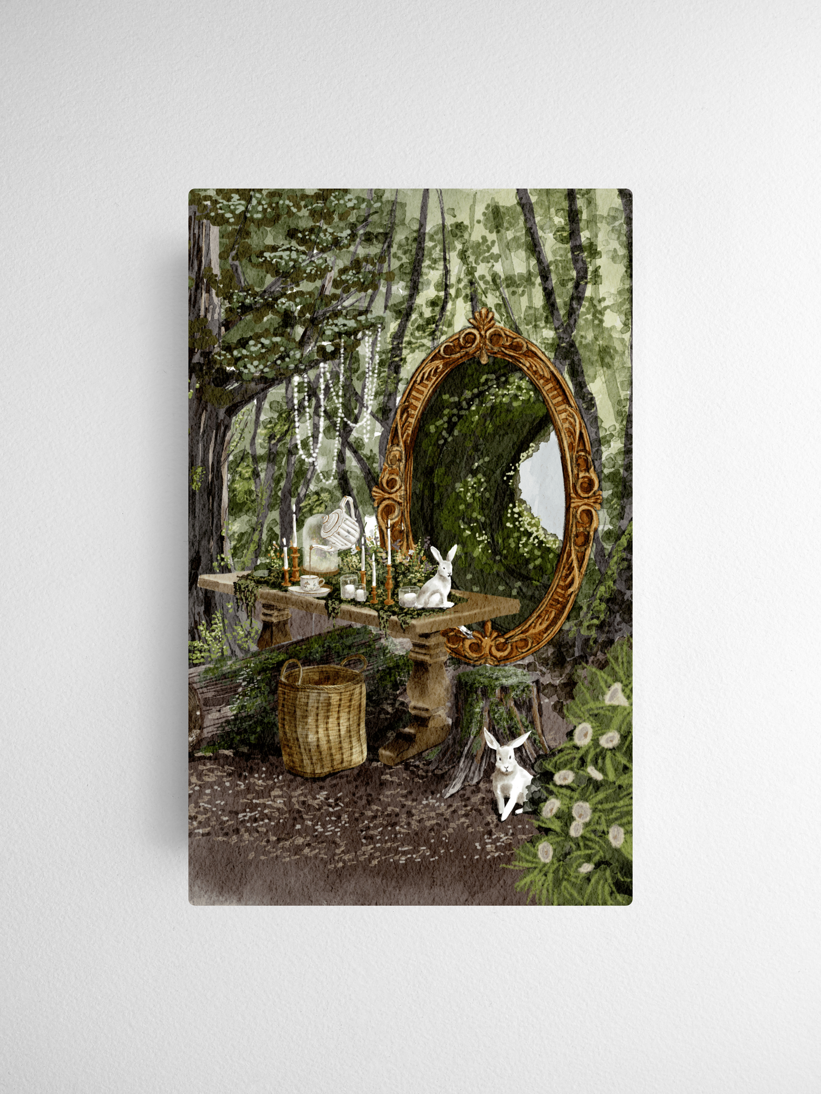 Whimsical forest illustration featuring a large, ornate gold mirror and a rustic table decorated with white bunnies and spring eggs.