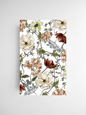 Elegant calendar card featuring a lush, intertwining botanical pattern of cream, white, rust, and muted green watercolor florals.