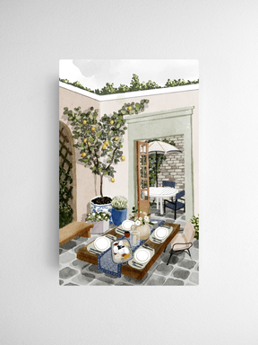 Watercolor illustration of a tranquil Mediterranean courtyard, featuring an olive tree, rustic stone patio, and charming outdoor cafe setting for the 2026 calendar.