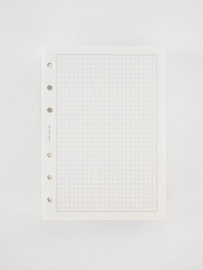 Pristine sheet of white graph paper featuring precise, light black grid lines for structured writing and three binder holes along the left edge.
