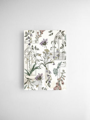 Botanical-themed A6 calendar card featuring intricate watercolor illustrations of various purple and dusty tones flowers, foliage, and ornate architectural elements.