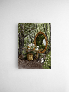 Charming vintage card illustration of white bunnies gathering around a rustic table and ornate mirror in a lush, overgrown garden setting.