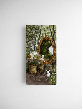 Whimsical 2026 calendar card art depicting an ornate, moss-covered mirror surrounded by lush forest foliage and delicate white rabbits.