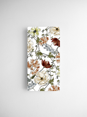 Intricate botanical watercolor card featuring blossoms in cream, deep red, and yellow tones, woven through delicate green foliage and vines.