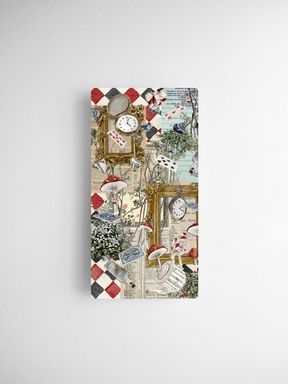 Whimsical calendar card set featuring a detailed vintage collage of mushrooms, antique clocks, floral illustrations, and ornate border elements.