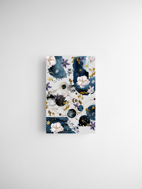 Detailed calendar cards showcasing an artistic blend of navy blue watercolor wash, delicate spring blossoms, and elegant celestial motifs.