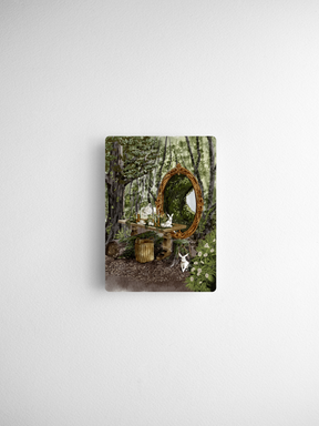 Detailed illustration of a woodland scene featuring a rustic mirror, fresh spring flowers, and small white animals, designed for the 2026 Calendar Cards.