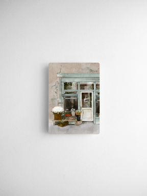 Muted watercolor depiction of a quaint, rustic shop entrance, featuring an open sign and decorative potted white flowers in a soft, vintage style.