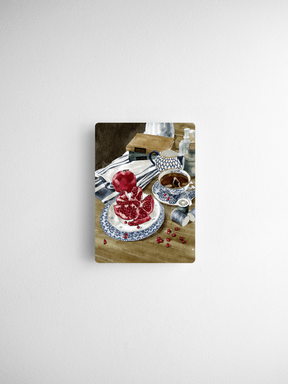 Charming watercolor illustration featuring ripe red strawberries, blue and white patterned porcelain, and rustic linens, suitable for decorative calendar cards.