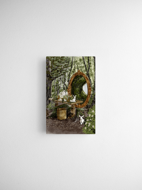 Rustic woodland art depicting an ornate, gold-framed mirror set in an overgrown forest scene with white rabbits and lush greenery.
