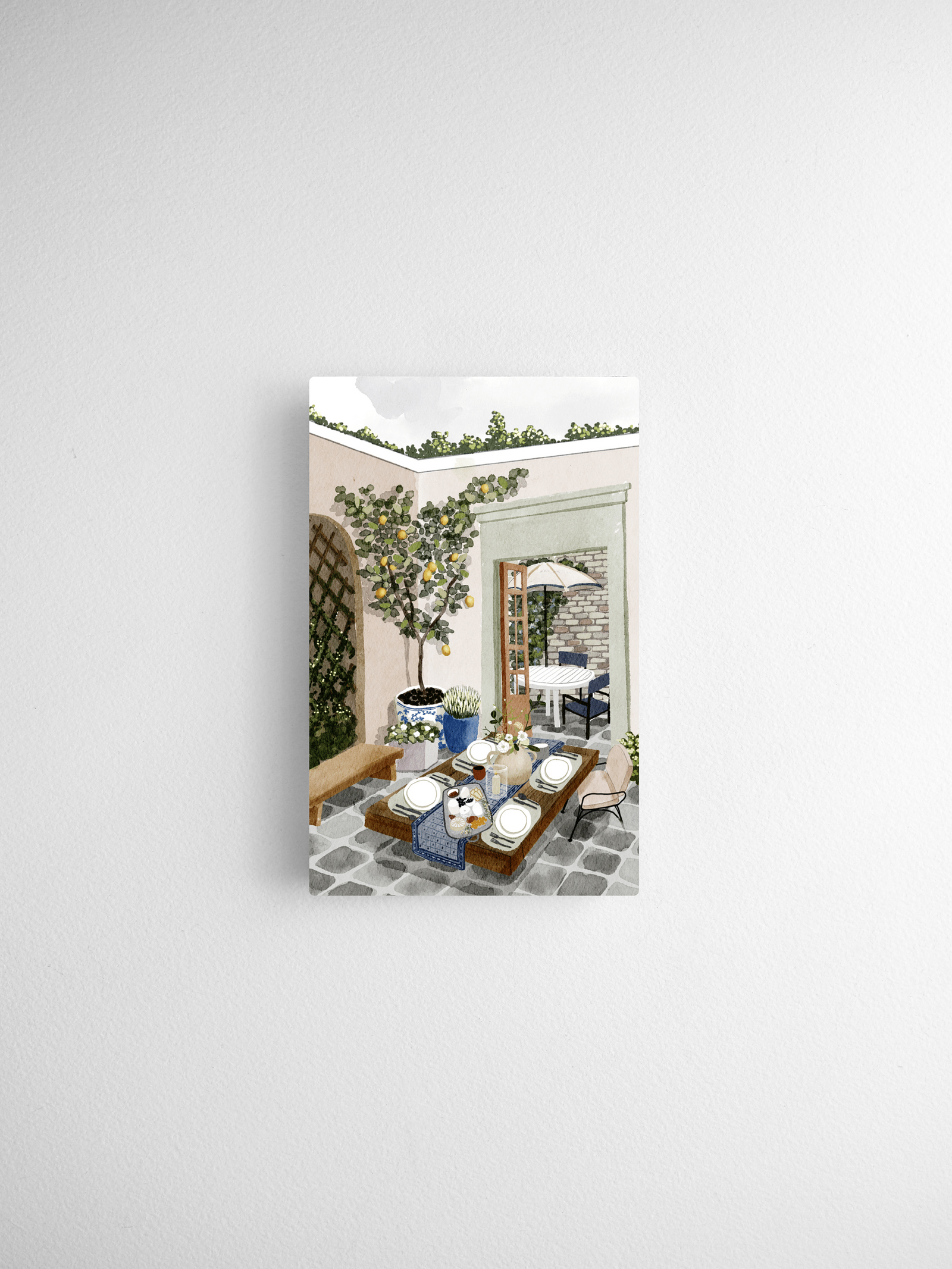 Charming watercolor illustration of a sunlit, breezy patio café scene, featuring decorative tables, potted greenery, and a Mediterranean summer theme.