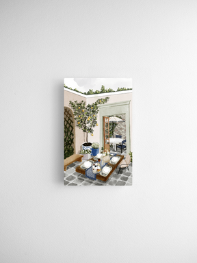 Charming watercolor illustration of a sunlit, breezy patio café scene, featuring decorative tables, potted greenery, and a Mediterranean summer theme.
