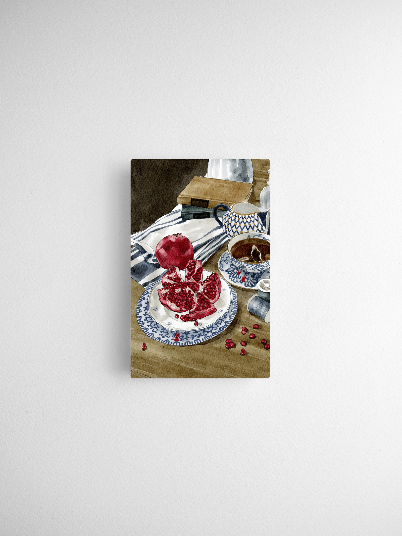 Watercolor illustration of ripe peaches and fresh berries arranged on blue and white patterned china.