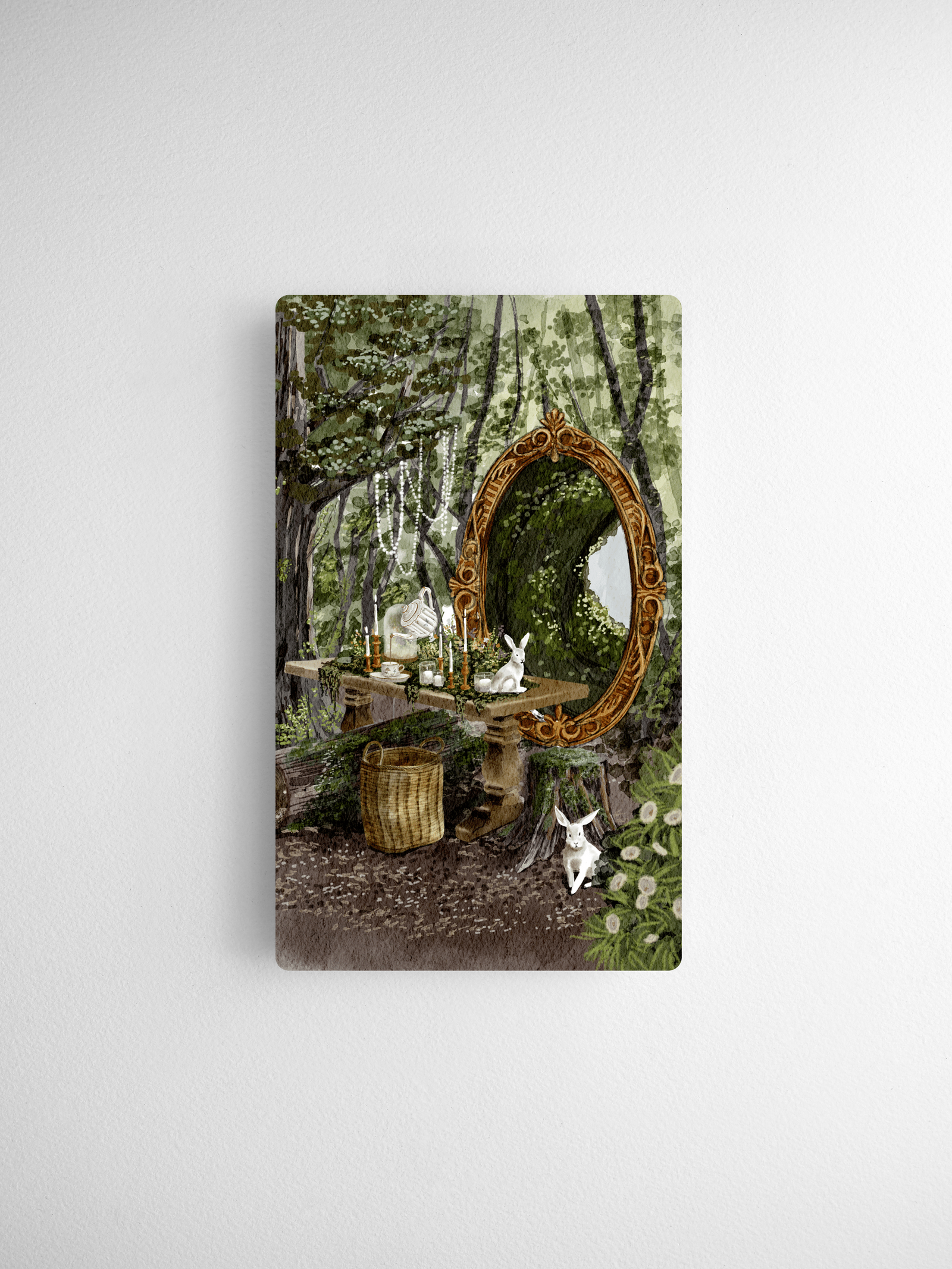 Enchanting cottagecore illustration featuring a rustic woodland scene, an ornate gold mirror, and moss-covered forest display.