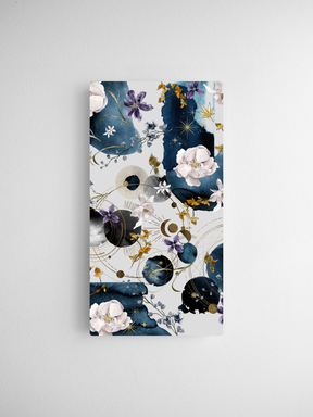 Deep indigo calendar cards featuring a rich watercolor wash of blush florals, delicate botanical elements, and shimmering gold celestial constellations.
