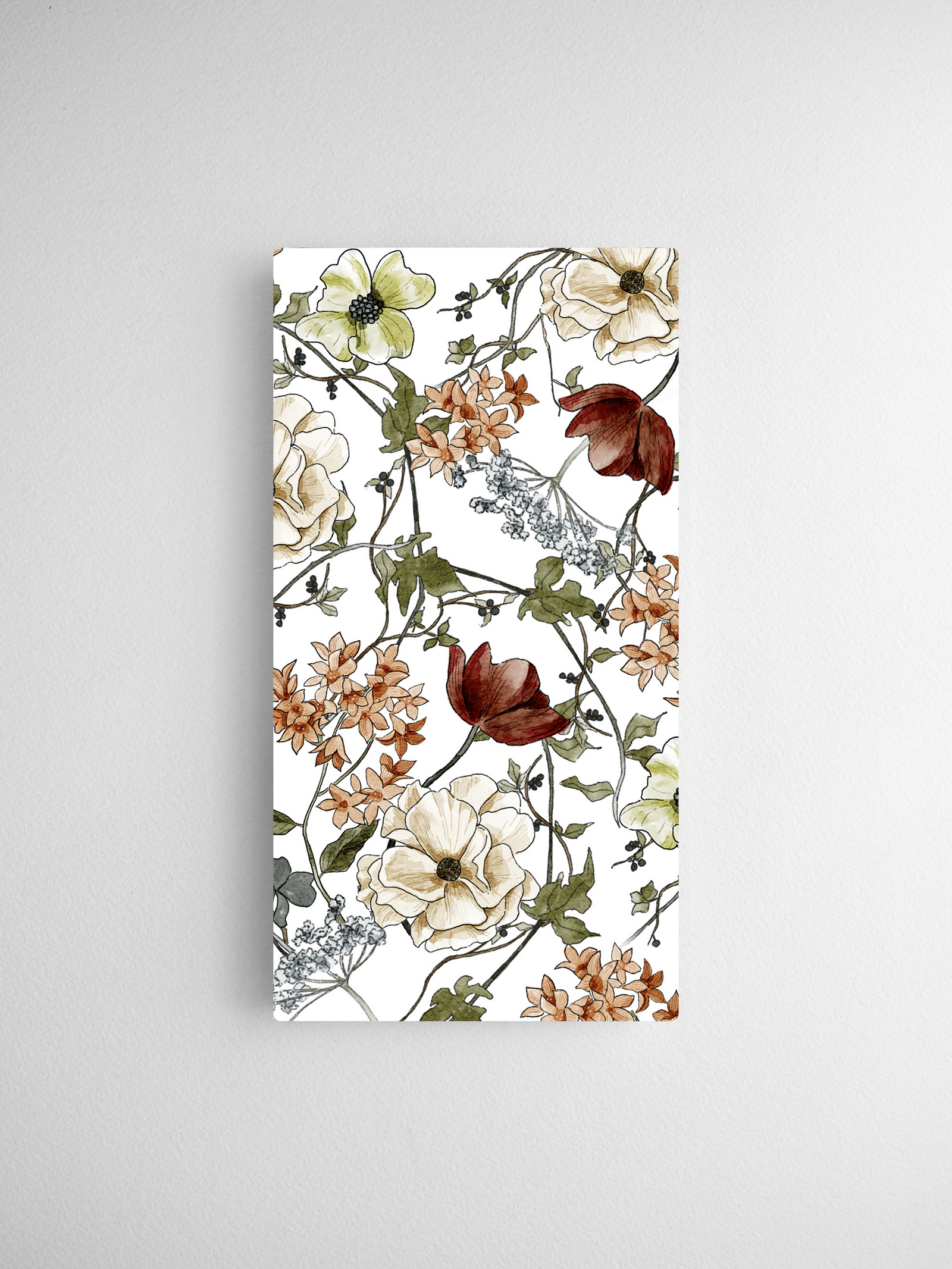 Botanical autumn floral pattern featuring detailed watercolor illustrations of cream and burnt orange blossoms, suitable for calendars or planner decor.