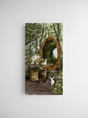 Detailed spring woodland illustration featuring rabbits, lush greenery, and an ornate antique mirror set on a mossy stone altar.