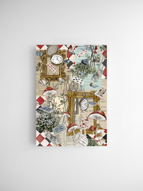 Vintage collage calendar card featuring whimsical mushrooms, pocket watches, playing cards, and ornate details in sepia and muted earth tones.
