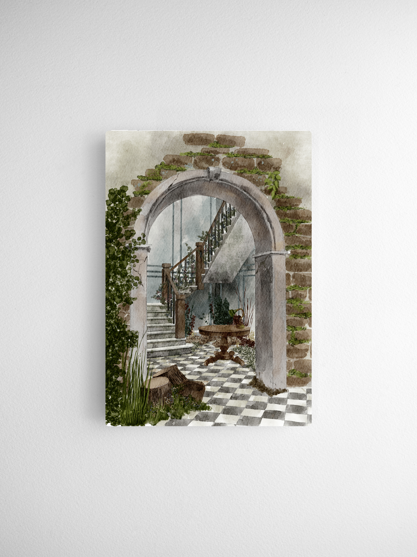 Vintage watercolor illustration of a grand, moss-covered stone archway entrance leading to a checkered-floor staircase and lush architectural greenery.