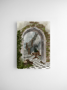 Vintage watercolor illustration of a grand, moss-covered stone archway entrance leading to a checkered-floor staircase and lush architectural greenery.