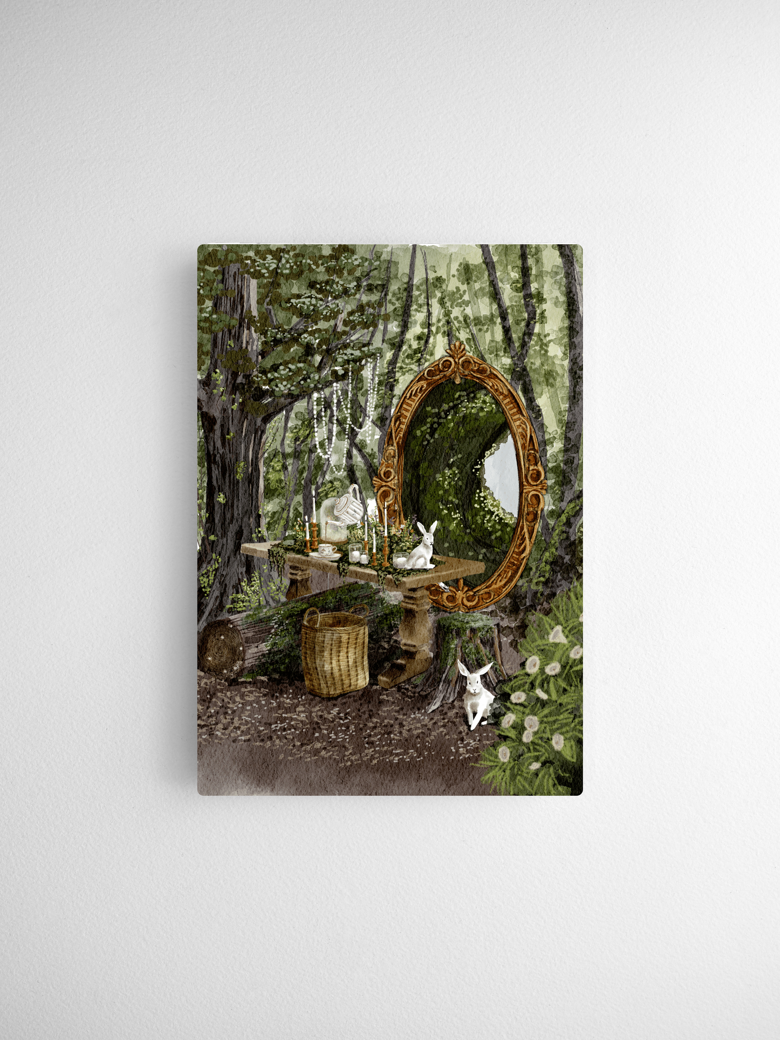 Whimsical spring woodland card illustration featuring an ornate, moss-covered mirror, small white rabbits, lush greenery, and a rustic fairy garden setup.