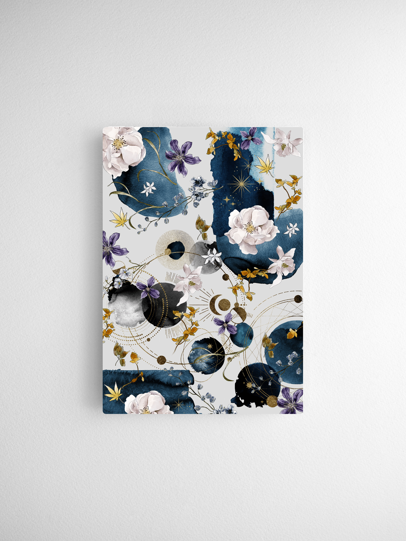 Watercolor calendar cards showcasing a rich botanical and celestial pattern of blush peonies, deep indigo washes, and delicate gold foil accents.