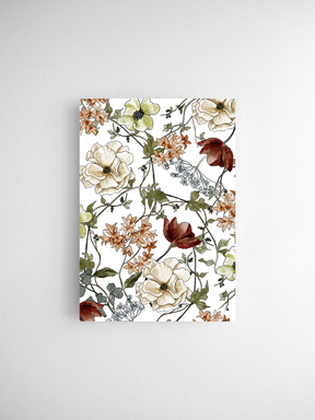 Elegant botanical watercolor pattern featuring large cream blooms and burnt orange blossoms intertwined with lush, detailed green foliage.