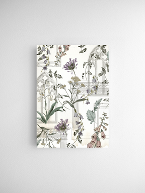 Intricate watercolor botanical pattern featuring delicate illustrations of purple lilacs, diverse foliage, and graceful floral elements on an elegant cream background.