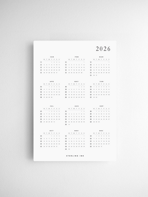 Minimalist A5 calendar card set for 2026, featuring twelve full months designed with clean black typography and structured grids on white card stock.