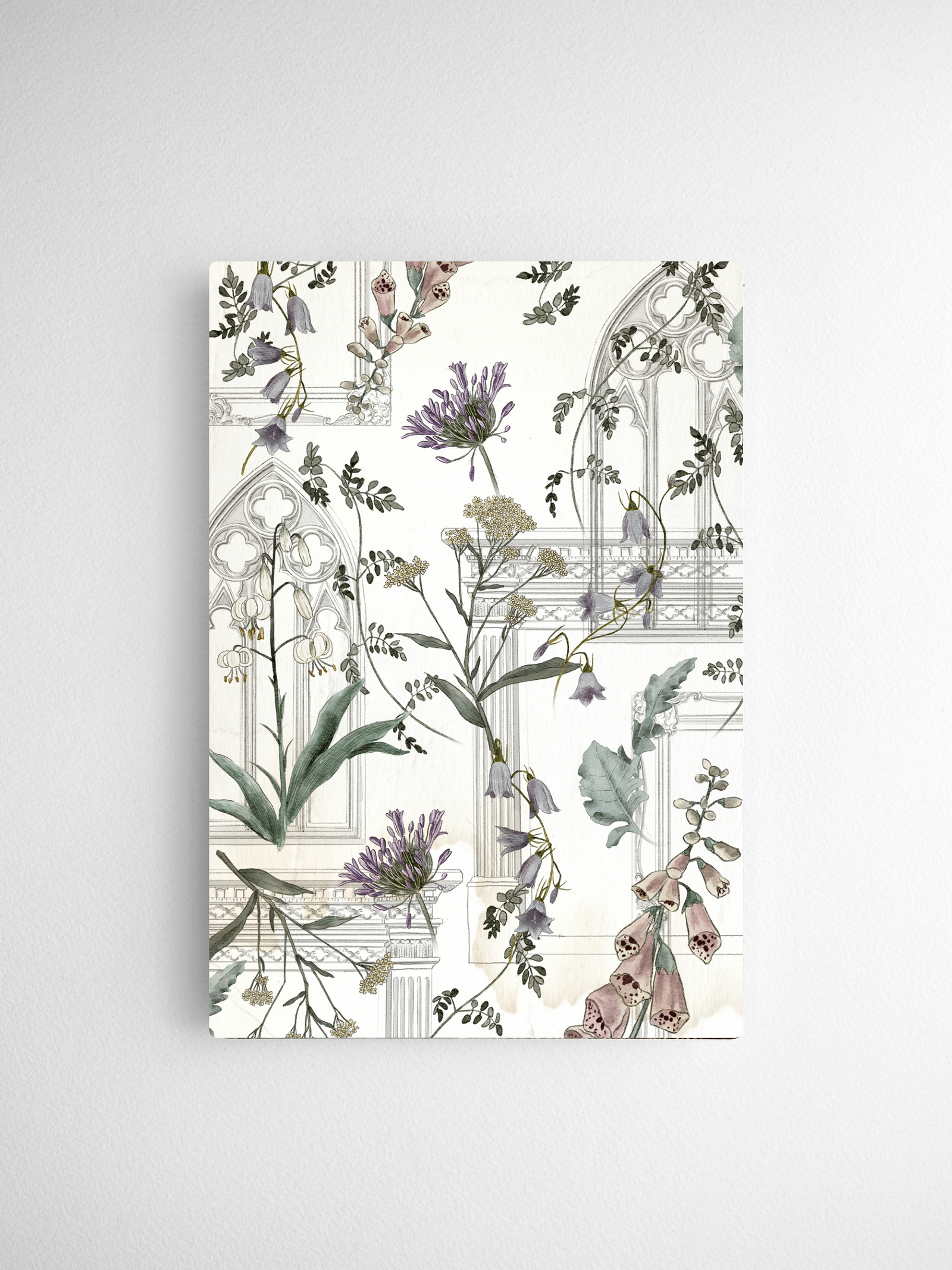 Botanical drawing calendar cards featuring an intricate, vintage pattern of watercolor purple and green wildflowers and elegant archways on a creamy white background.