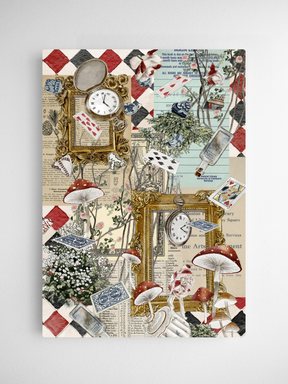 Ornate B5 calendar card collage featuring sepia-toned clocks, whimsical red mushrooms, and detailed botanical florals in a maximalist vintage style.