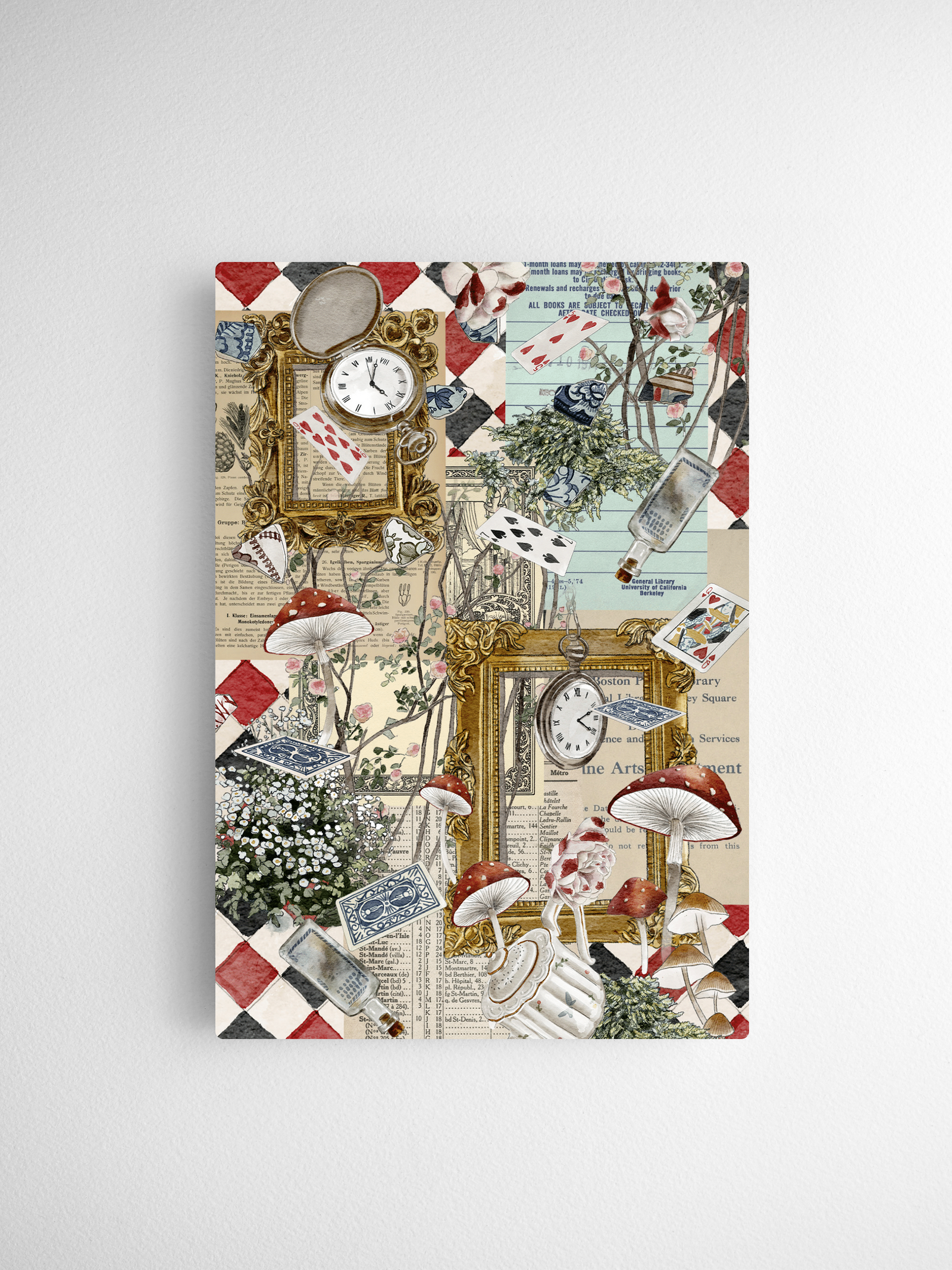 Steampunk calendar cards featuring a vintage collage of mushrooms, antique pocket watches, playing card motifs, and decorative botanical sketches.