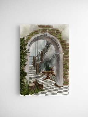 Botanical watercolor illustration of an aged stone archway and interior staircase, featuring a checkered tile floor and lush surrounding greenery.