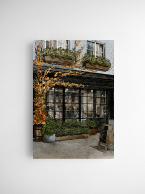 Whimsical fall illustration for calendar cards, depicting a warmly lit building facade surrounded by rich autumnal foliage and potted greenery.