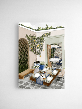 Watercolor calendar cards featuring a vibrant Mediterranean courtyard scene with lush lemon trees, rustic patio furniture, and a charming outdoor dining setting.