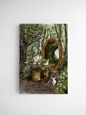 Magical fairy woodland scene featuring an ornate mirror, blooming flowers, and white bunnies nestled among moss and lush greenery.